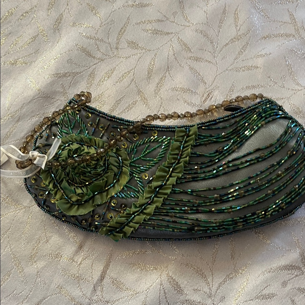 Mariell Green Embroidered Beaded Ribbon Holiday Small Bag w/Bead handle 10”x4” - Picture 10 of 10